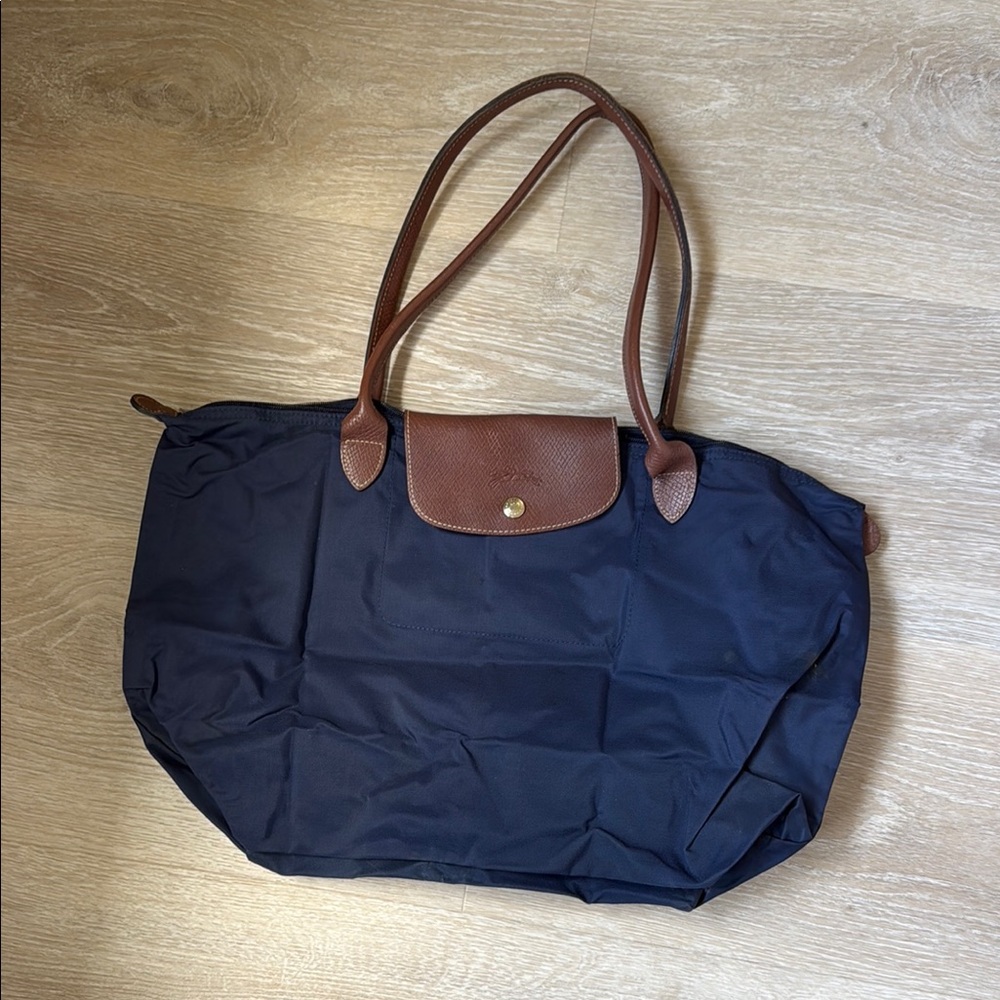 Longchamp Navy Nylon Tote with Brown Leather Trim